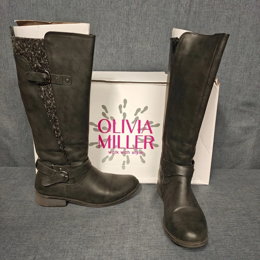 OLIVIA MILLER Womens Black Knee High Boots Size 9 Side Buckle & Zipper
